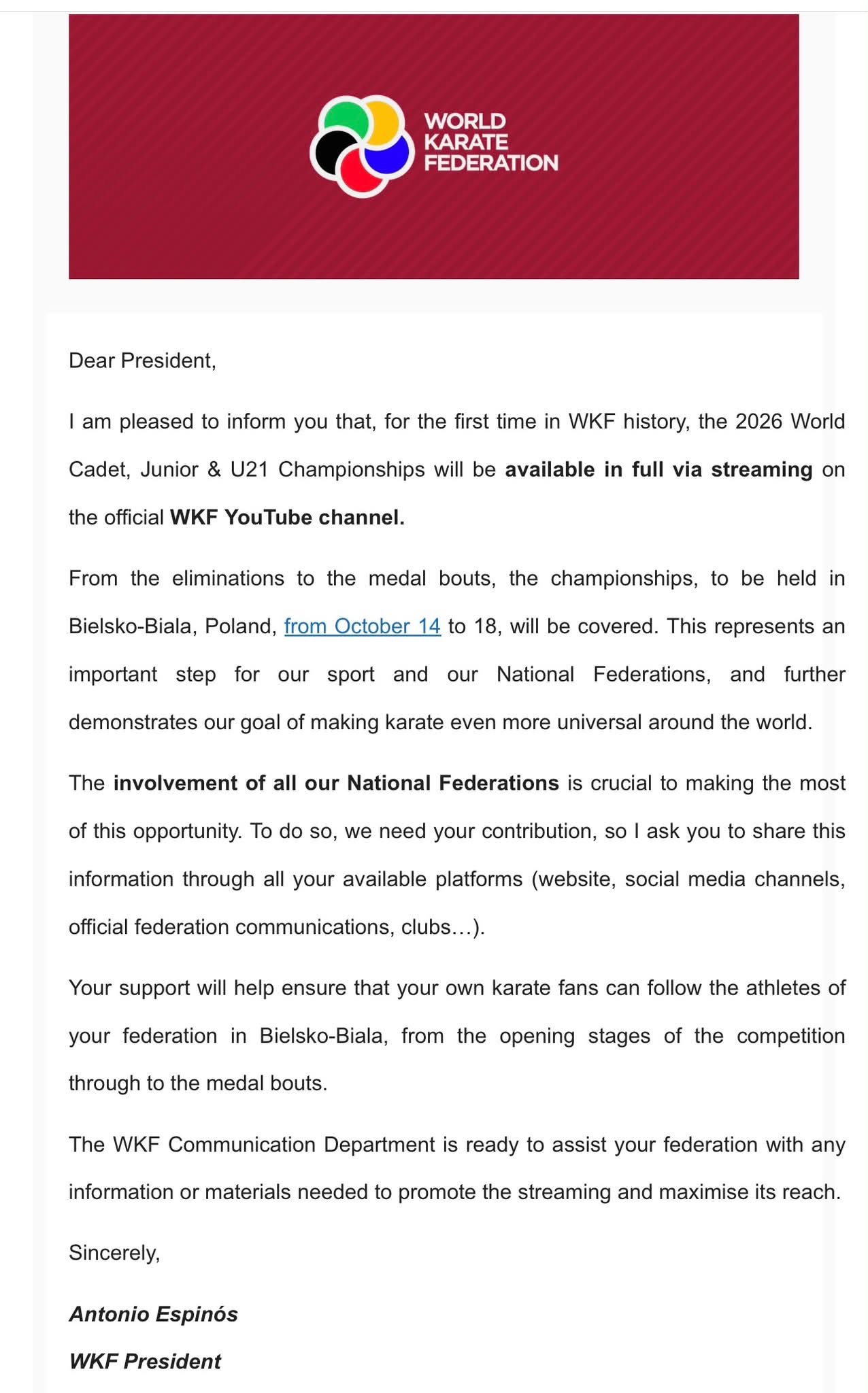 Bielsko-Biała 2026: full streaming on the WKF YouTube channel for the first time