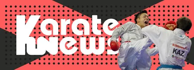 Bandeau Karate.news : un karatéka en kimono blanc à côté du logo, sur fond rouge.