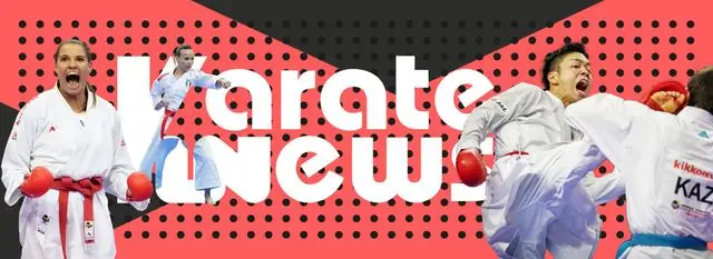 Karate.news-Banner: drei Athletinnen und Athleten im weißen Gi neben dem Logo, auf Rot.