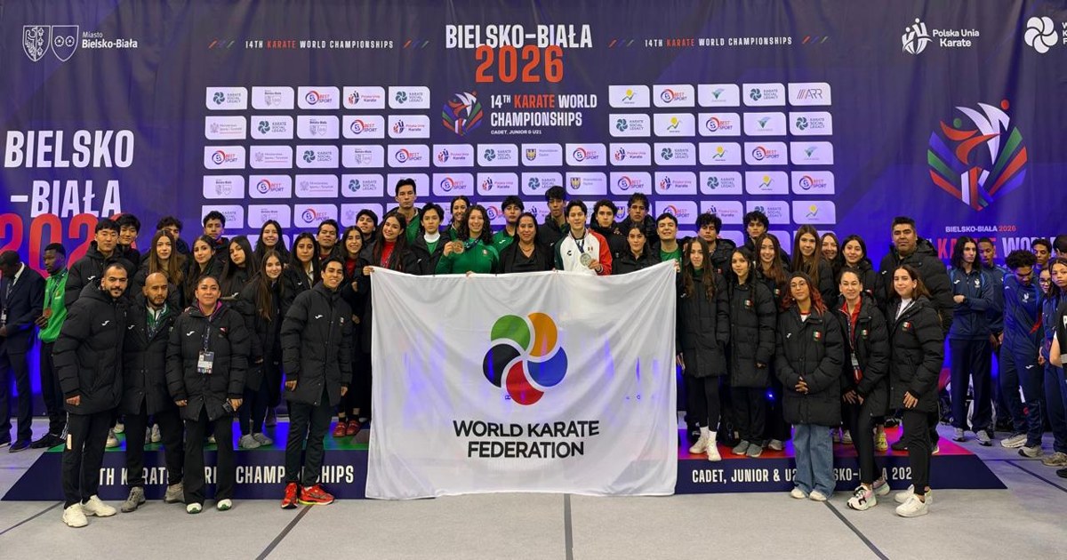 Mexican delegation holding the World Karate Federation flag in Bielsko-Biała
