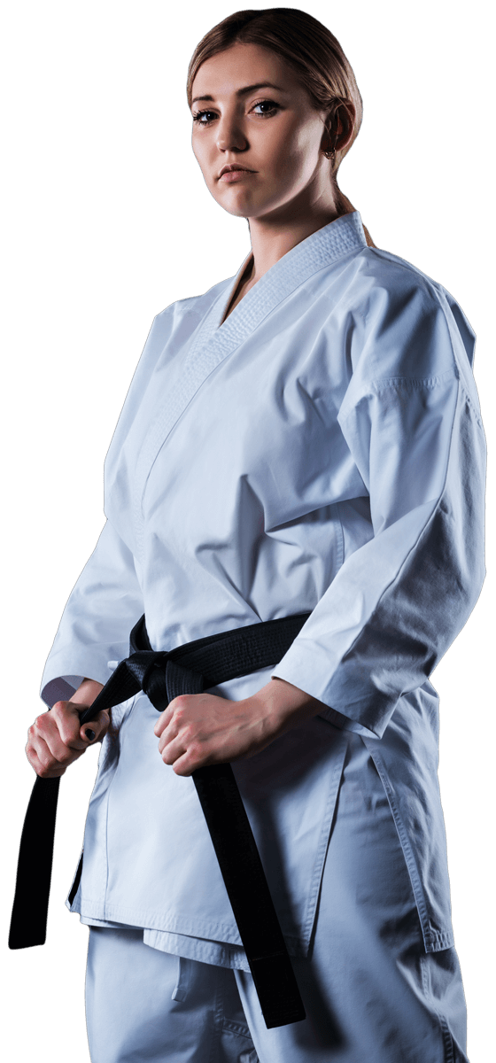 girl blonde karate black belt in a kimono