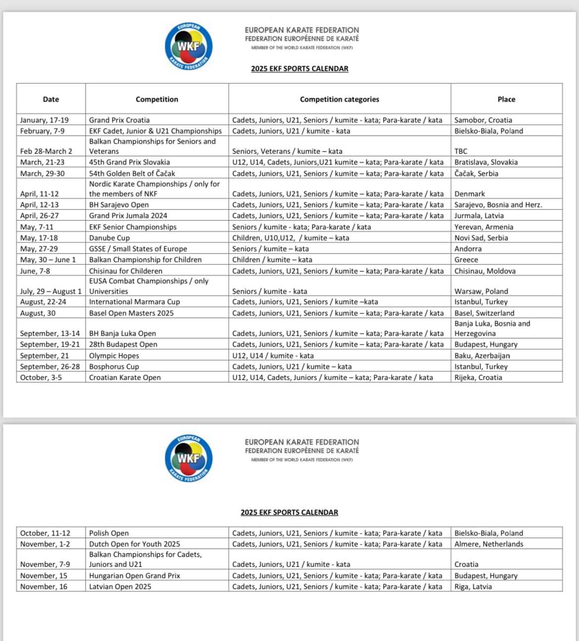 2025 EKF Sports Calendar A Year of Exciting Karate Competitions